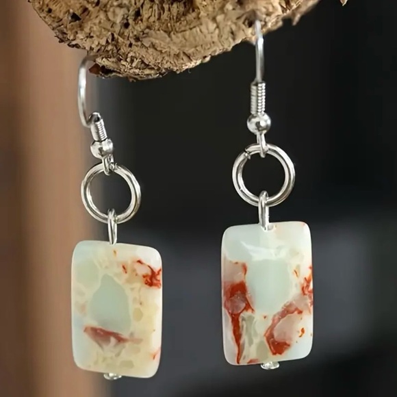 Rectilinear Shoushan Stone Agalmatolite Pagodite Marbled Geometric O-Ring Dangle - Picture 1 of 10